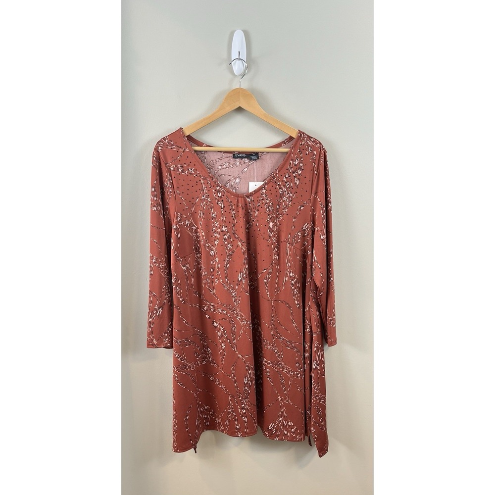 Evans NWT Tunic Blouse Womens Size 18 Rust Orange Floral Pattern Long Sleeve
